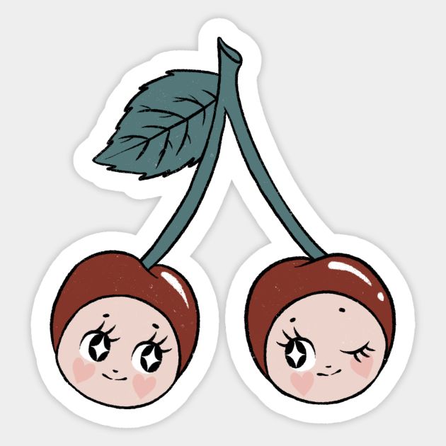 two cherries with faces and leaves on them, one has eyes closed while the other has