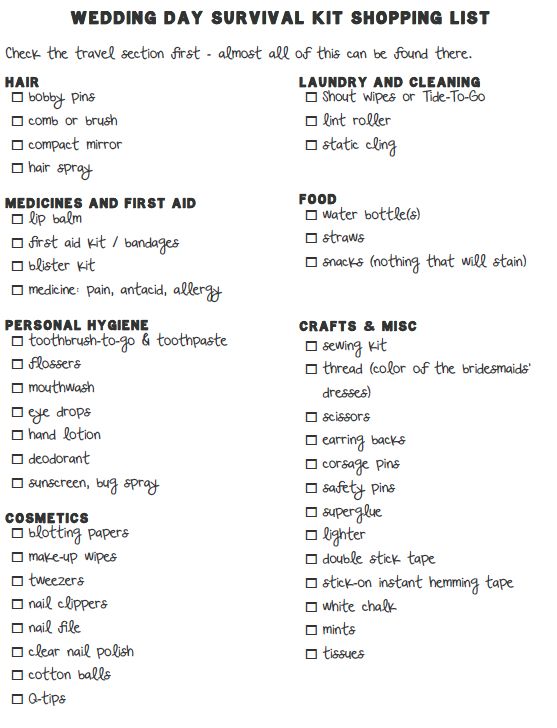 the wedding day survival kit is shown in this printable checklist for brides