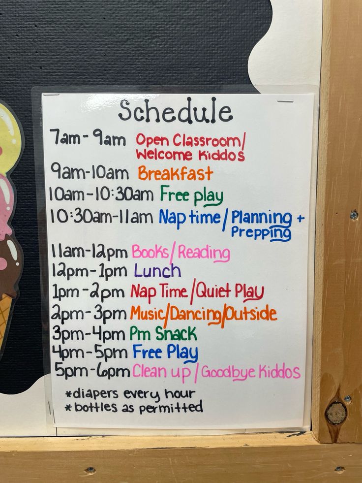 an ice cream sundae is on display in front of a sign that says schedule