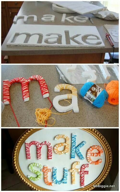 three different pictures with letters and yarn on the table, one is made out of paper