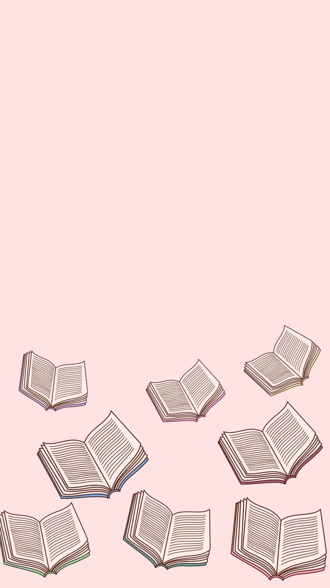 several open books laying on top of each other in front of a pink background,