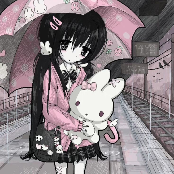 a girl with an umbrella holding a hello kitty doll