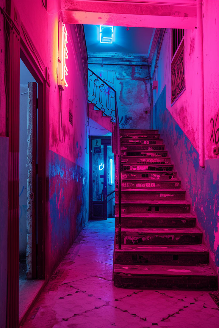 an empty hallway with stairs lit up by bright pink lights and graffiti on the walls