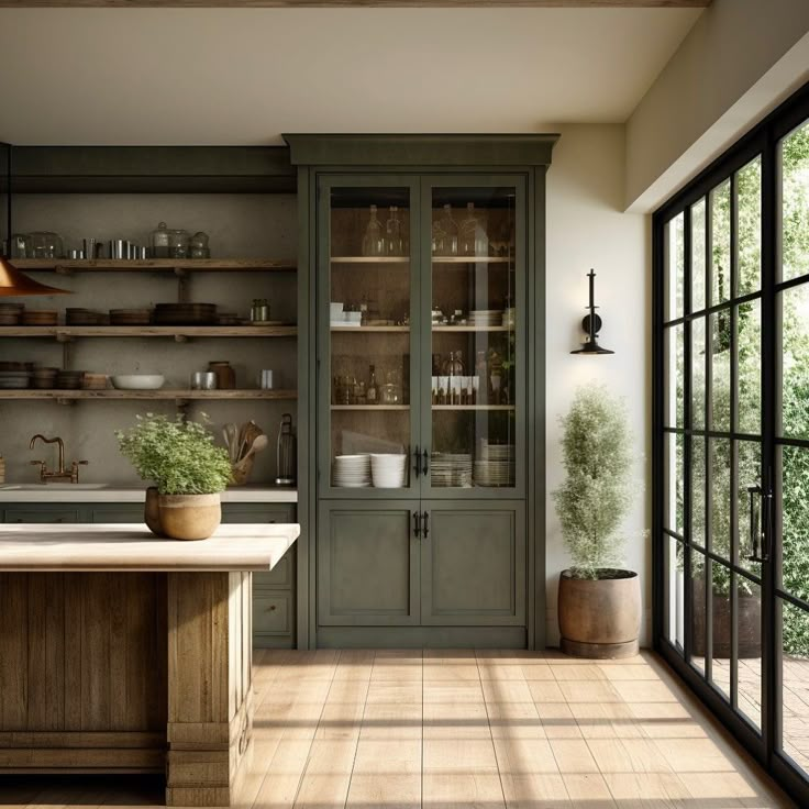 a large kitchen with wooden floors and green cupboards on either side of the counter