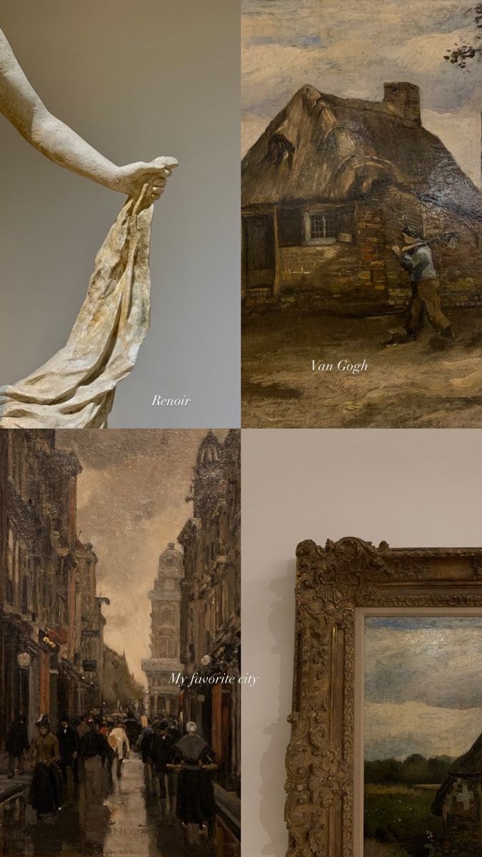 four paintings with people walking down the street