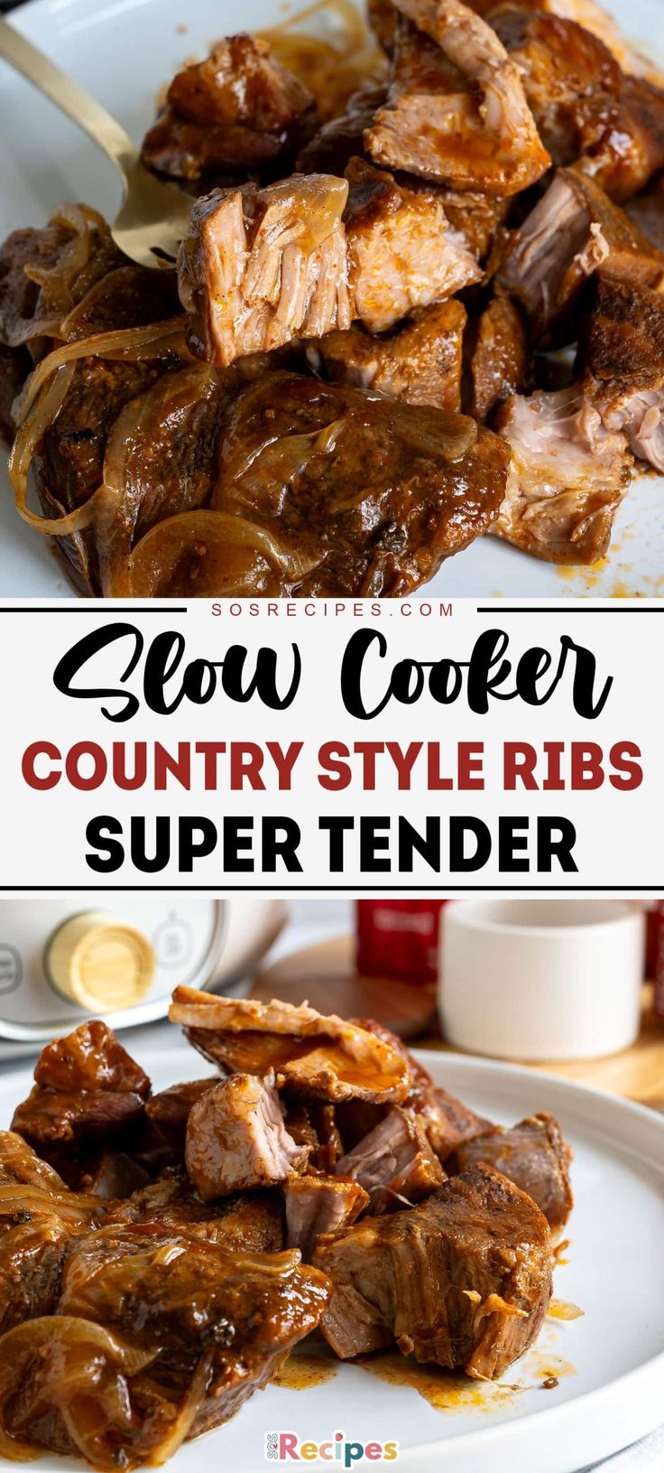 slow cooker country style ribs on a plate with text overlay that reads slow cooker country style ribs super tender