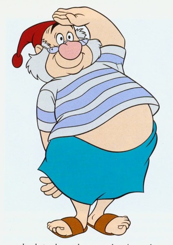 an old man wearing a santa hat and blue skirt with his hand on his head