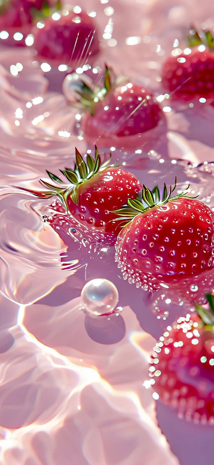 three strawberries floating in water with bubbles