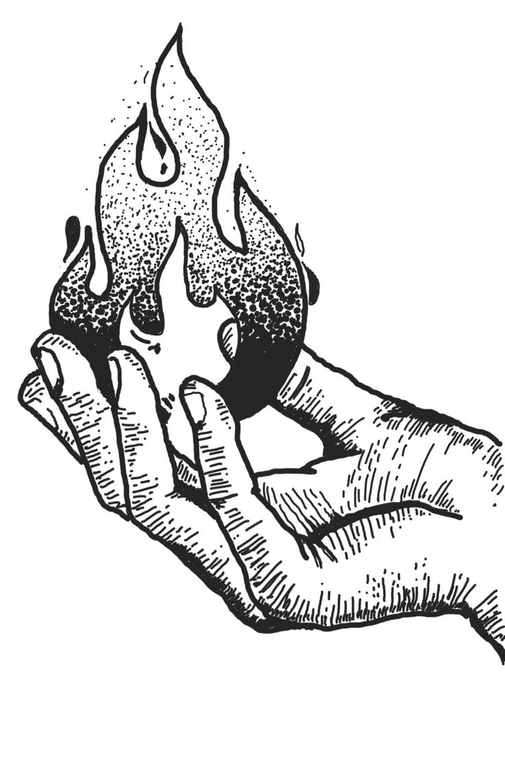 two hands holding an object with fire coming out of it, vintage line drawing or engraving illustration