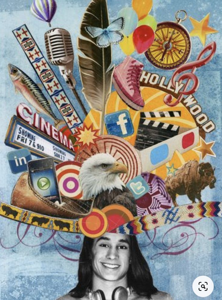 a woman is standing in front of a collage of different things on her head