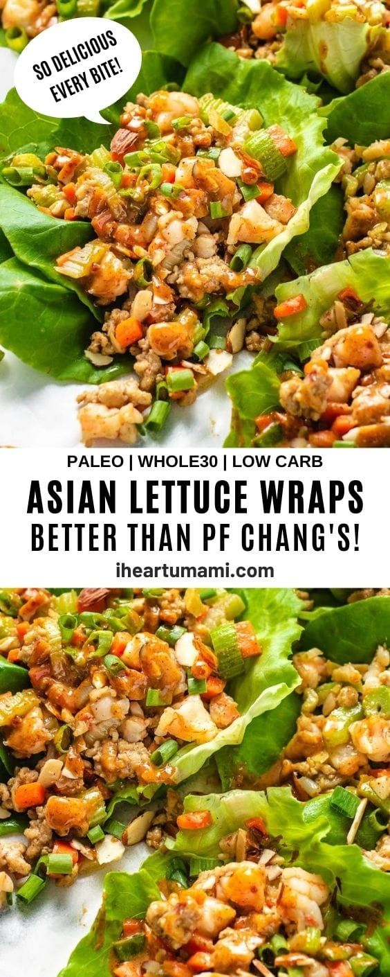 lettuce wraps with chicken and other vegetables on them are shown in two separate images