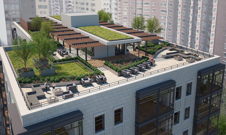 an aerial view of a rooftop garden and lounge area