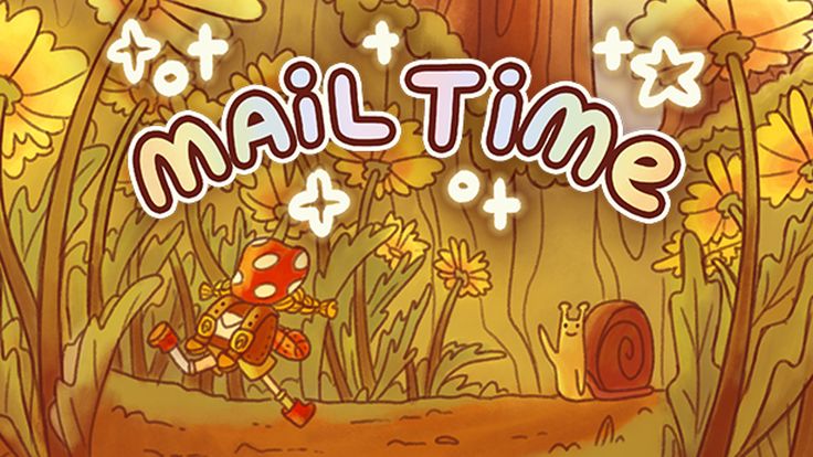 the title art for mail time is shown in front of an image of flowers and trees