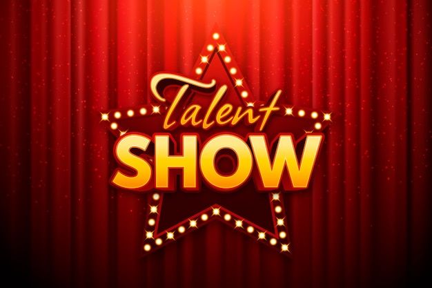 the talent show logo on stage with red curtain and spotlights in the background illustration