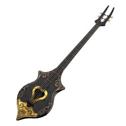 an old black and gold guitar on a white background