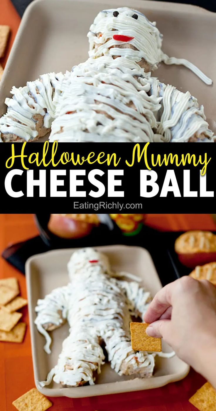 this halloween dessert is made with cheese balls and marshmallows to look like a ghost