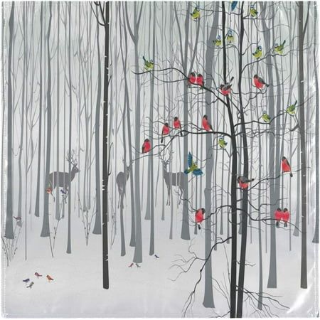 a painting of birds sitting on the branches of trees in a snowy forest with deer