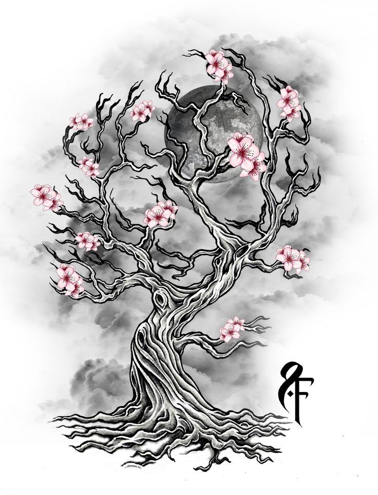 a drawing of a tree with pink flowers on it and the moon in the background