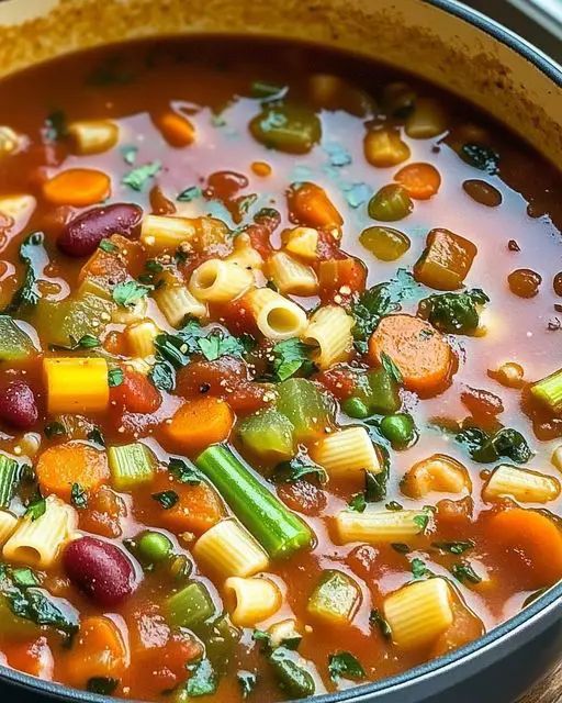 a pot filled with pasta and vegetables on top of a table