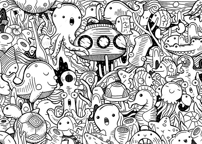 black and white doodle drawing of many different types of cartoon characters in the background