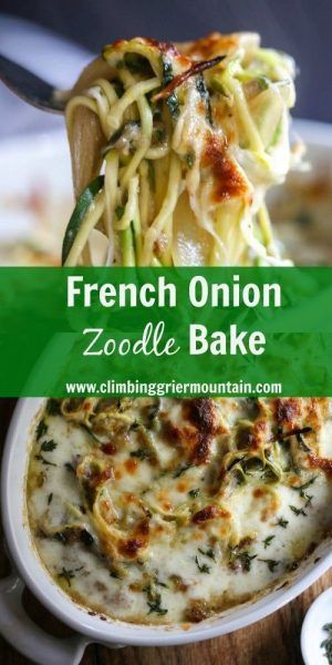 french onion zoodle bake with spinach and parmesan cheese in a white dish