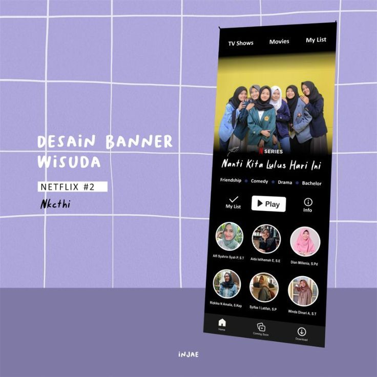 an advertisement for a mobile phone game called desain banner wisuda, which is on display in front of a purple tiled wall