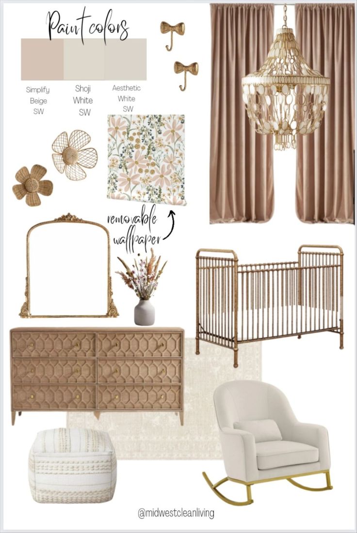 a baby's nursery room with neutral colors and accessories, including a crib, rocking