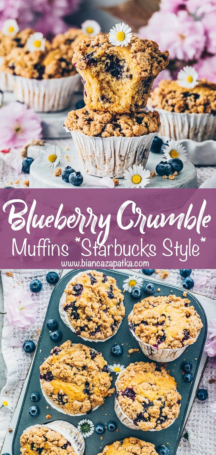 blueberry crumble muffins are stacked on top of each other and ready to be eaten