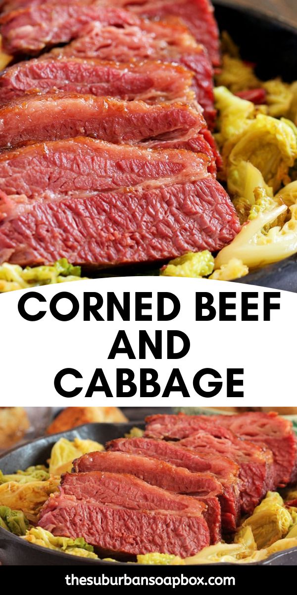 corned beef and cabbage in a cast iron skillet with the words corned beef and cabbage