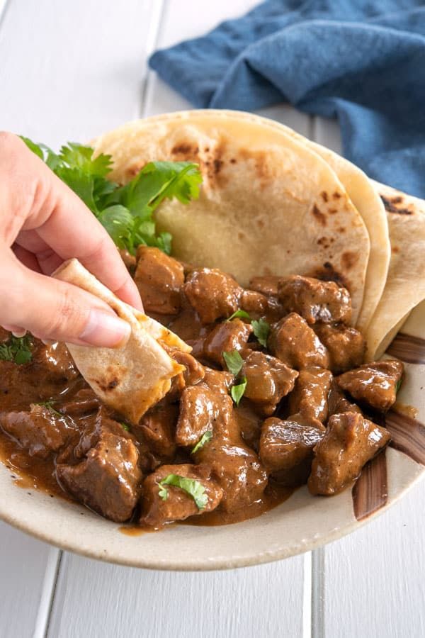 a person is holding a tortilla with meat and cilantro