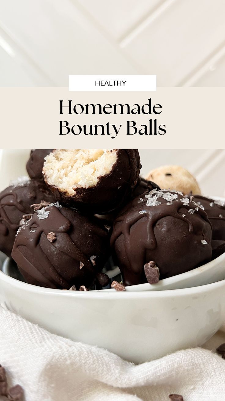 bounty balls in a white bowl with chocolate and flaky salt on top Yogurt Balls, Yogurt Chocolate, Chocolate Yogurt, Coconut Balls, Chocolate Balls, Cookie Dough Bites, Vegan Yogurt, Flaky Salt, Chocolate Drip