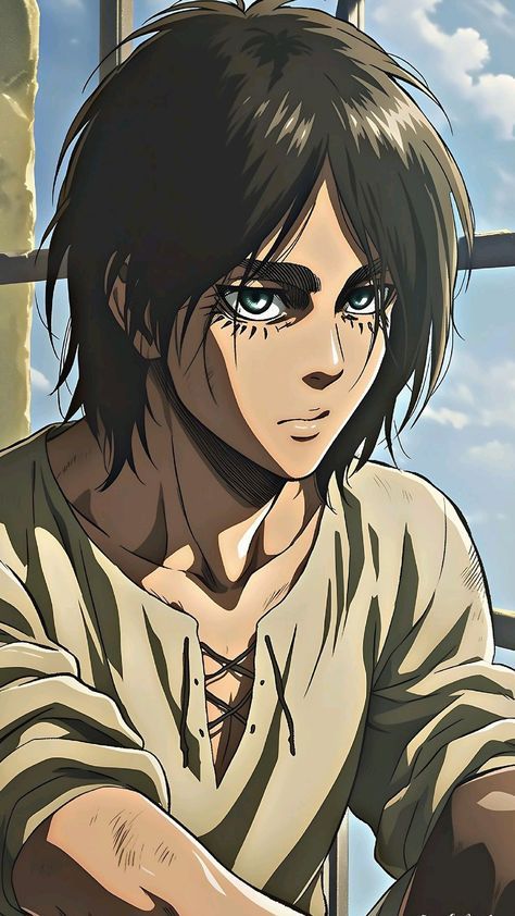 an anime character with black hair and blue eyes sitting in front of a window looking at the camera