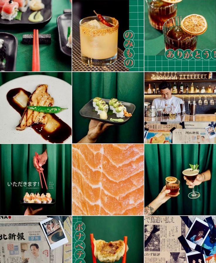 a collage of photos with different food items and drinks on them, including sushi