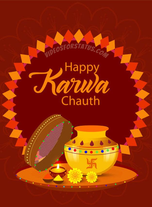 happy karwa chauth greeting card with pot and diya on colorful background