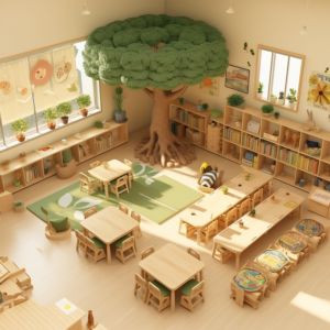 an aerial view of a classroom with tables, chairs and a tree in the center