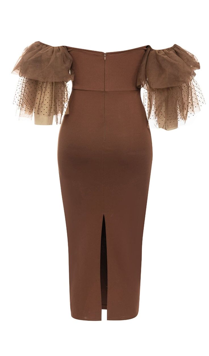 This dress is perfect for a young woman who wants to feel pretty and romantic. The off-shoulder neckline and soft ruffles give the dress a feminine feel, while the brown color makes it perfect for a range of occasions. The midi length makes it perfect for wearing both day and night. Gentle Dry Clean Only Colour may vary due to lighting on images. The product images (without model) are closest to the true colour of the product.Item runs true to size chart and is cut to suit our size chart. Please Off-shoulder Brown Dress For Fall, Brown Off-shoulder Dress For Fall, Fitted Brown Midi Dress With Ruffles, Brown Off-shoulder Evening Dress, Brown Ruffled Midi Dress For Party, Brown Ruffled Knee-length Midi Dress, Brown Knee-length Ruffled Midi Dress, Ruffled Midi Dress, Satin Corset Dress