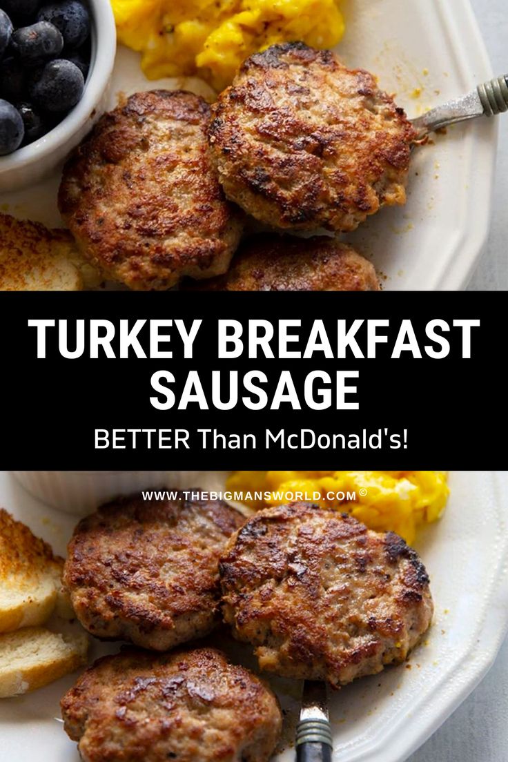 turkey breakfast sausage on a plate with blueberries and scrambled eggs next to the recipe