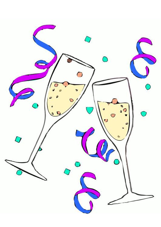 two glasses of champagne with streamers and confetti