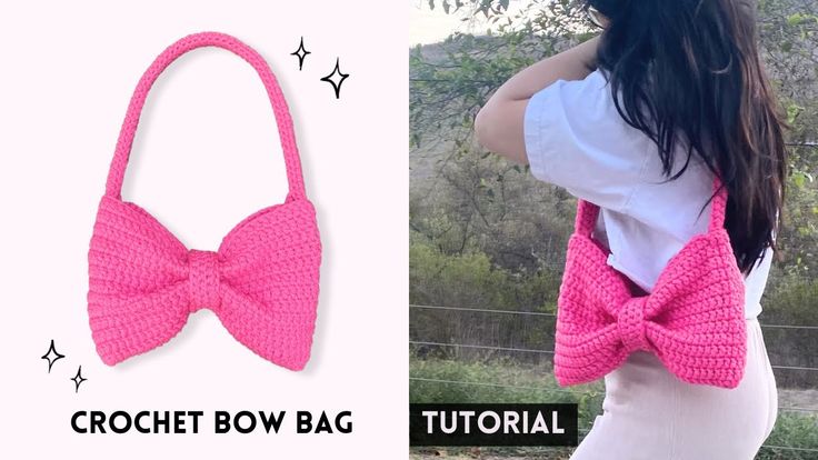 the crochet bow bag is pink and has a large bow tie on it