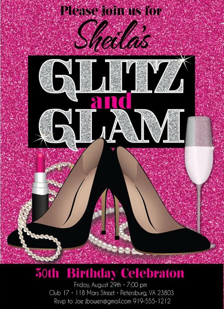 a birthday party flyer with high heel shoes and pearls on the bottom, in pink glitter