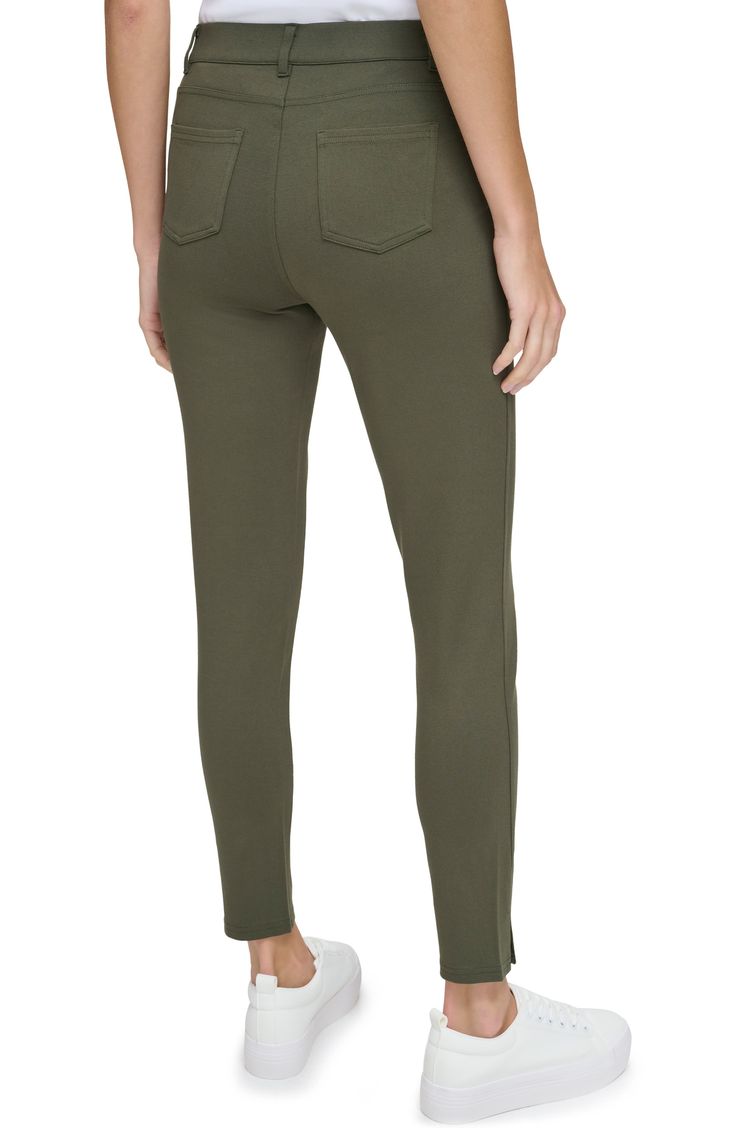 Stylish ponte pants feature vented ankles for freer movements whether at work or running errands. 27" inseam; 4 1/2" leg opening; 10" front rise; 14 1/4" back rise
 67% rayon, 29% nylon, 4% spandex Machine wash, tumble dry Imported Model stats: 5'10" height, 32" bust, 25" waist, 36" hip. Versatile Stretch Sweatpants For Work, Stretch Tapered Leg Sweatpants For Workwear, Mid-rise Stretch Elastane Sweatpants, Athleisure Elastane Pants For Workwear, Mid-rise Pull-on Leggings For Work, Mid-rise Pull-on Style Leggings For Work, High Rise Casual Leggings With 4-way Stretch, High Rise 4-way Stretch Casual Leggings, Casual High-rise 4-way Stretch Leggings