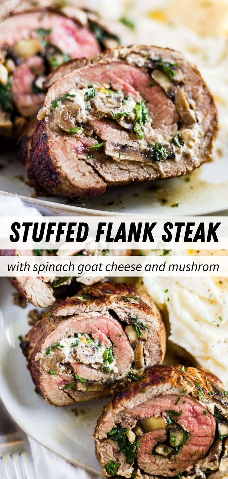 stuffed flank steak with spinach, goat cheese and mushrooms on a white platter