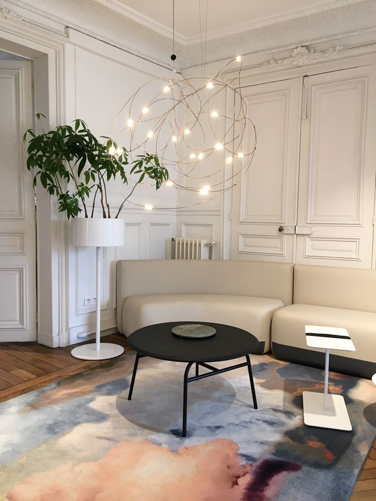 a living room filled with furniture and a potted plant on top of a table