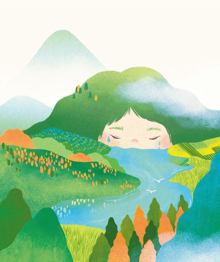 an illustration of a woman sleeping in the mountains with her eyes closed and head above water