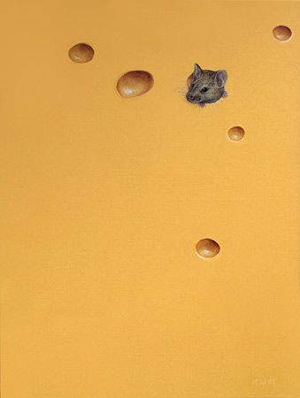 a mouse peeking out from between holes in a yellow paper sheet with circles on it