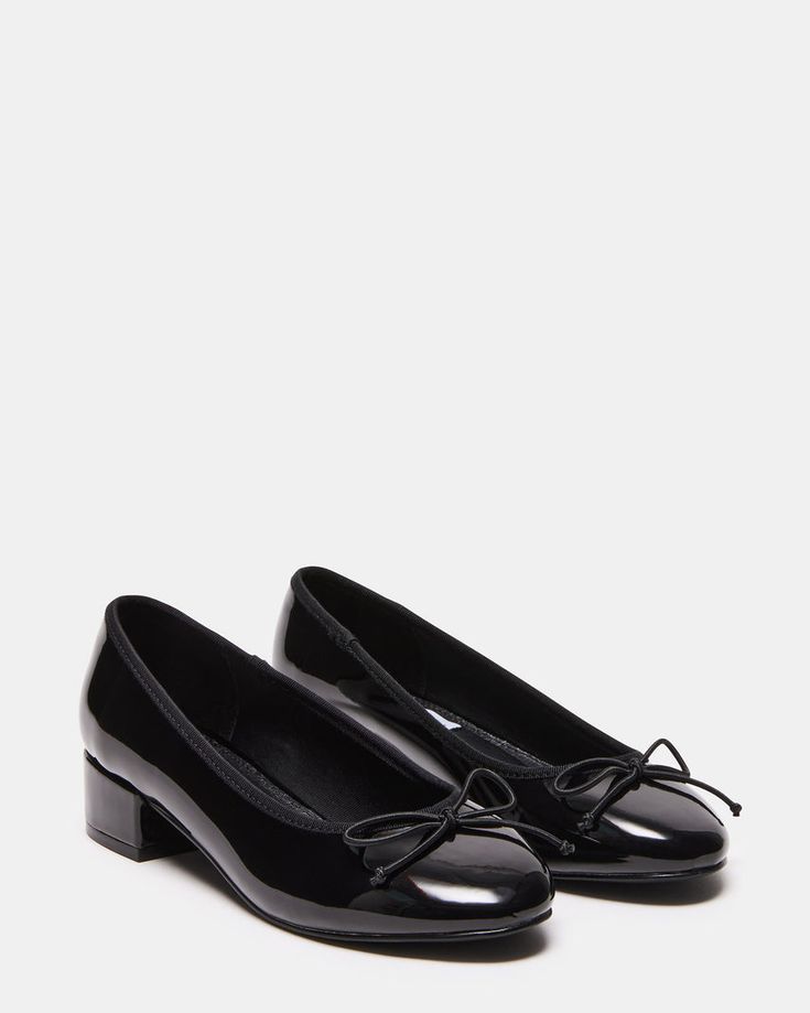 CHERISH Black Patent Slip-On Heels | Women's Heels – Steve Madden Low Block Heel Pumps, Steve Madden Flats, Black Kitten Heels, Steve Madden Store, Short Heels, Black Dress Shoes, Fancy Shoes, Socks And Heels, Black Shoes Women