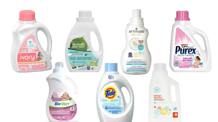 several different types of laundry detergents on a white background, including one for baby and one for toddler