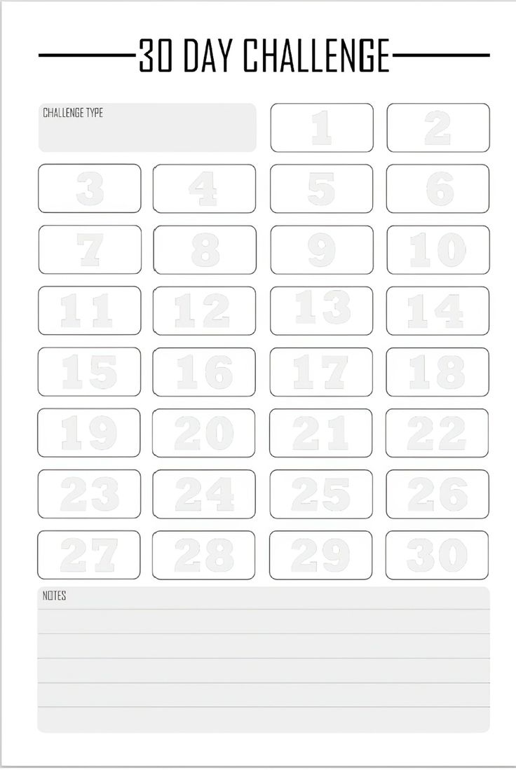 a printable 30 day challenge sheet with numbers and times on the front, in white