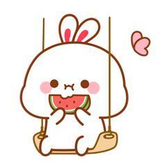 a cartoon bunny eating a piece of watermelon on a swing with hearts flying around