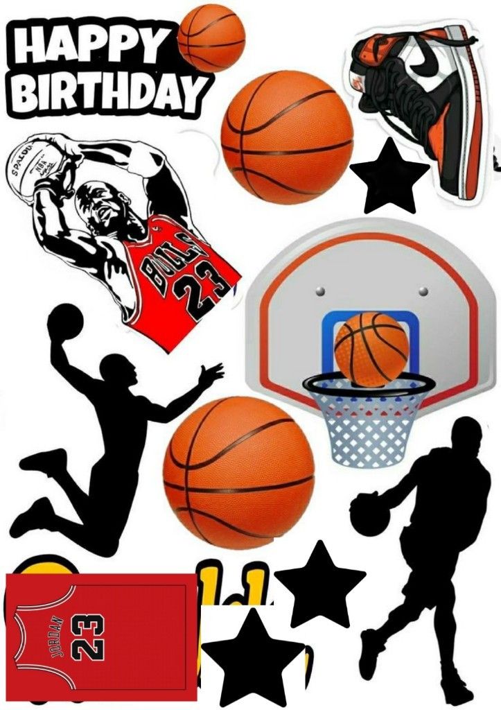 a birthday card with basketballs, hoop and stars on the bottom right corner is an image of a person jumping up in the air to dunk